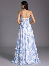Floor Length Floral Blue Bridesmaid Dress Corset with Ruffles Mychicdress
